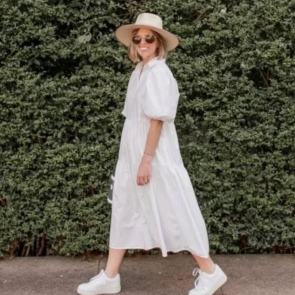 Anthropologie White Button Front Tiered Dress
